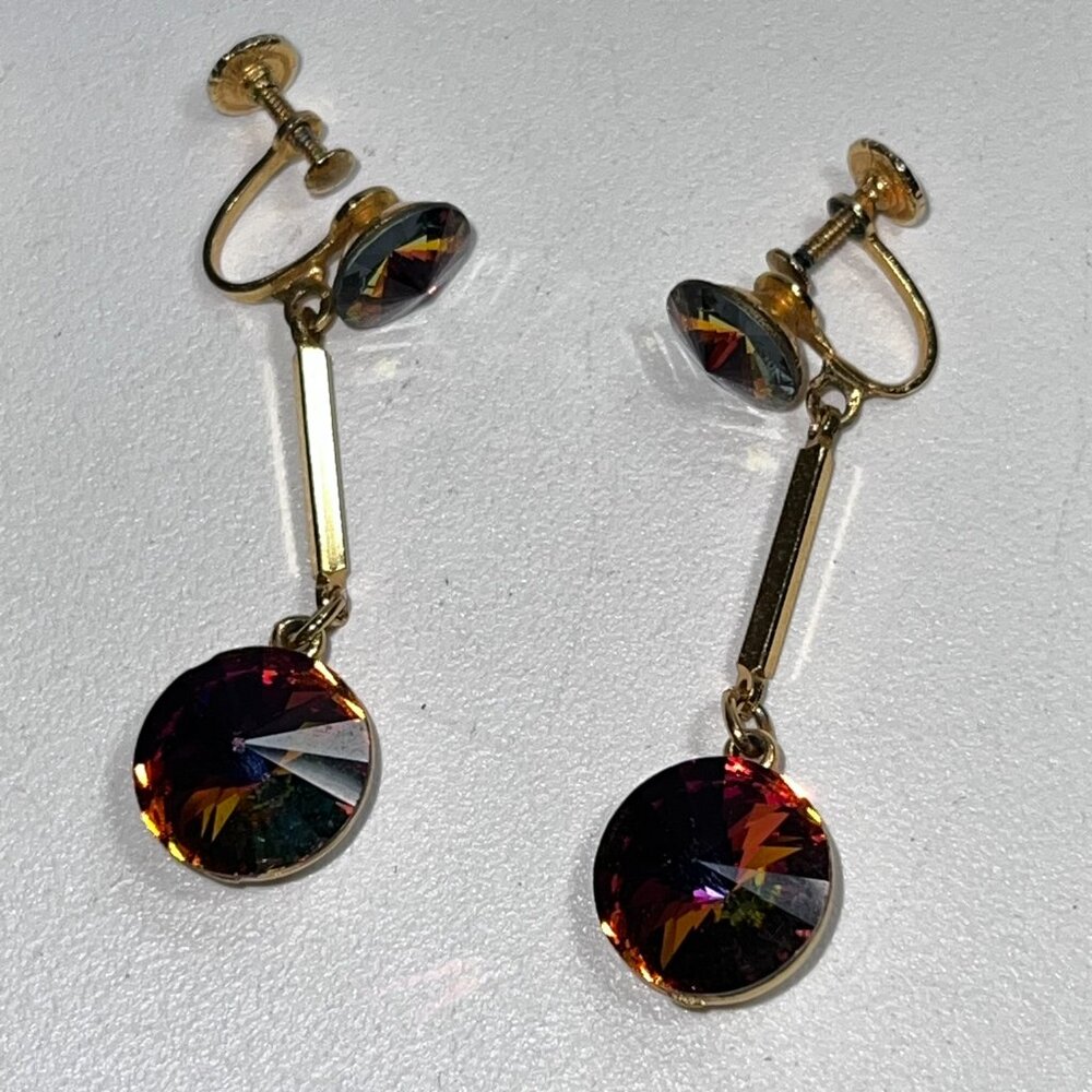 Weiss Signed Watermelon Rivoli Dangle Earrings Screwback Gold Plated Rare Nice !